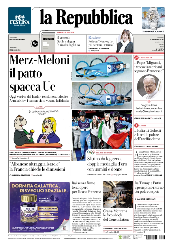 repubblica's tweet photo. La prima pagina di oggi #12february https://t.co/LZaZp2Gm1r 📰 https://t.co/Iq9Y2z99GU