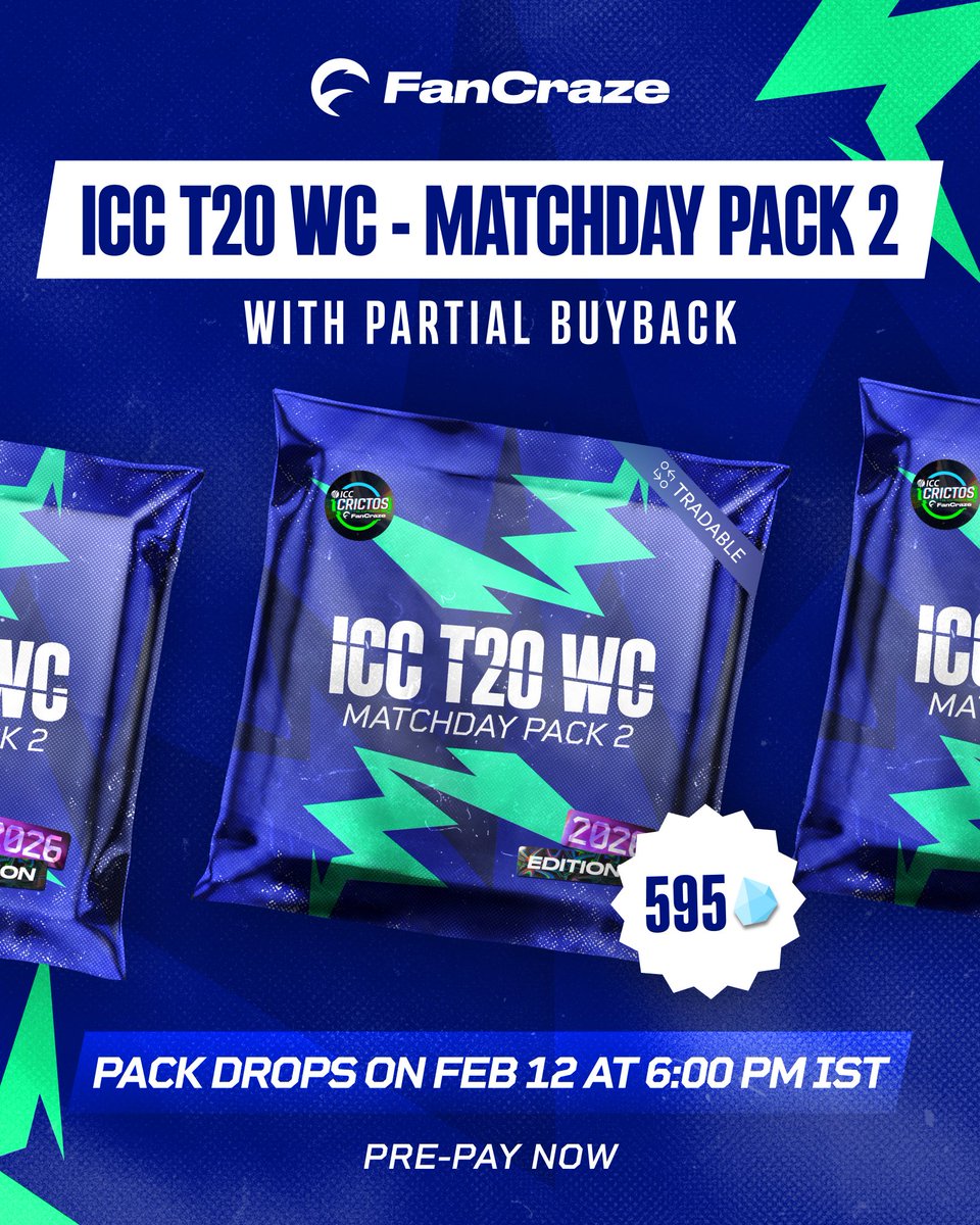 0xFanCraze's tweet photo. ICC T20 WC - Matchday Pack 2 is HERE! 🚀
Secure your packs and stay ahead of the action! ⏳
#FanCraze #ICC #PackDrop #CricketCollectibles #T20WorldCup2026 https://t.co/ByHLAfhAYu