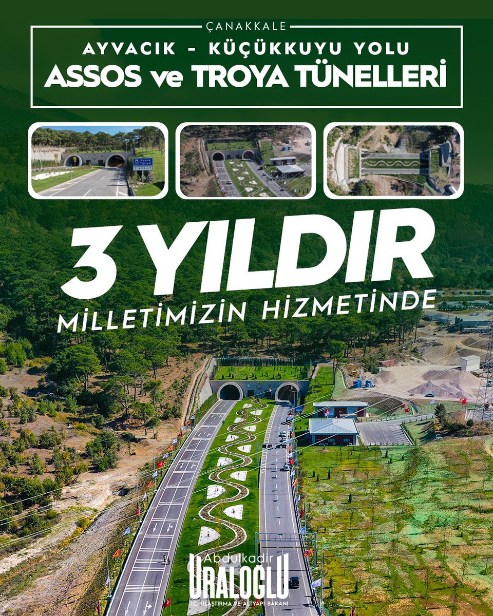 📍 Çanakkale

⭐️ Ayvacık–Küçükkuyu Yolu Assos ve Troya Tünelleri 3️⃣ yıldır milletimizin hizmetinde.

🏛️ Tarihi mirasımızı geleceğe bağlayan bu önemli proje ile zamandan tasarruf, trafikte güvenlik ve bölge turizmine güçlü katkı sağladık.

💫 Türkiye Yüzyılı’nda durmadan,