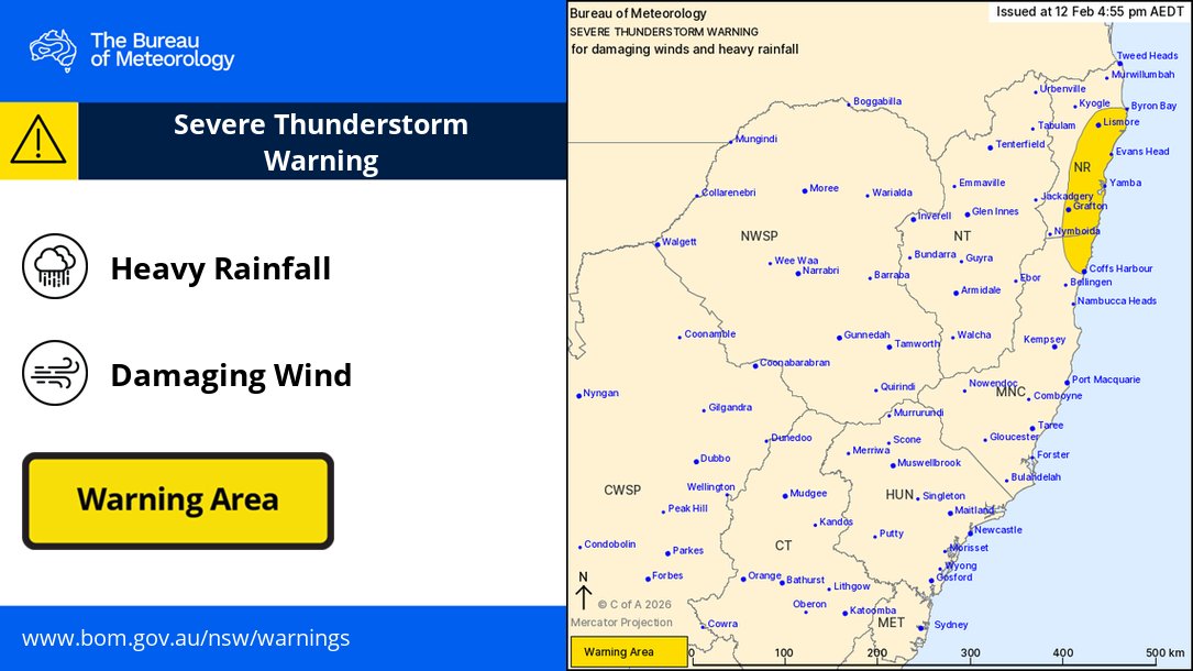 BOM_NSW's tweet photo. ⚠️⛈️Severe Thunderstorm Warning for DAMAGING WINDS and HEAVY RAINFALL
Severe thunderstorms across northeast parts of the state this afternoon and evening.
Locations possibly affected include #Lismore #Grafton #CoffsHarbour #Yamba #EvansHead and #Ballina
https://t.co/LjPuuLoj2G https://t.co/LjY8Wuf2Vk