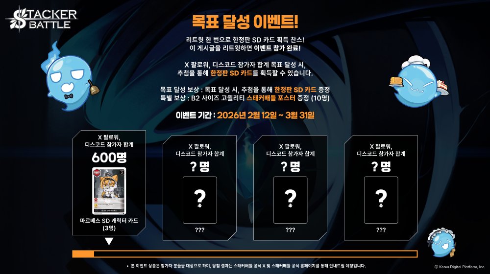【스태커배틀 목표 달성 이벤트】

스태커배틀을 기다려주시는 관리자님들을 위해
목표 달성 이벤트를 준비했습니다!🥳

X 팔로워 + 디스코드 참가자 합계 목표 달성 시,
추첨을 통해 한정판 SD카드를 획득할 수 있습니다.

이벤트 게시글을 리트윗하면 이벤트 참가 완료!

자세한 내용은 하단