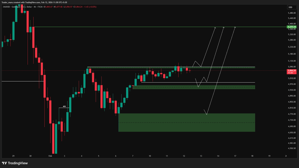 4hr bullish on XAUUSD 3 scenario to buy here 
1) break and close above 5100 in 4hr and retest
2) sweep 4980 and reclaim 
3) test of extreme OB at 4775-4655 zone
target will be 5377