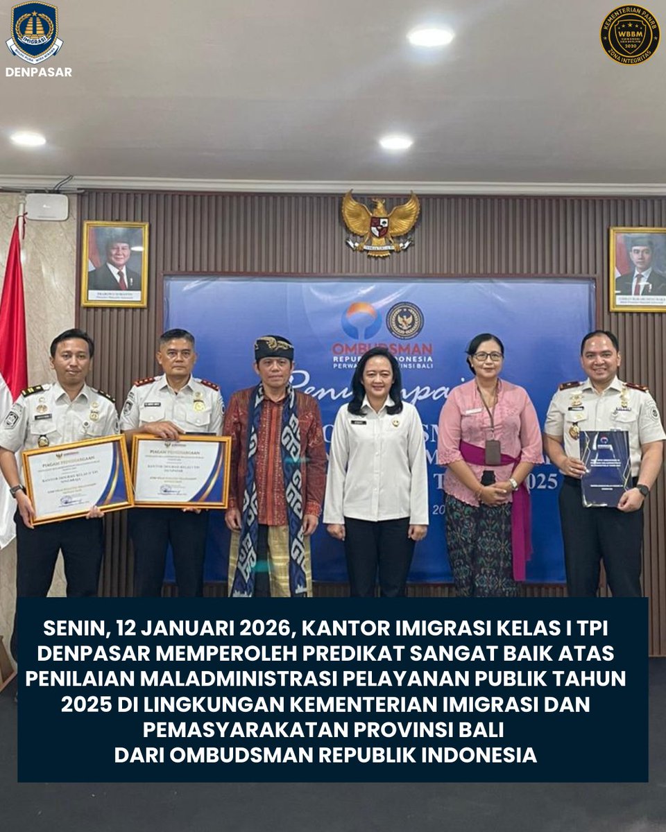 Kanim Denpasar berhasil meraih predikat Sangat Baik dalam penilaian kepatuhan penyelenggaraan pelayanan publik tahun 2025 oleh Ombudsman RI. Hasil ini disampaikan langsung dalam acara "Penyampaian Opini Ombudsman RI atas Penilaian Maladministrasi Pelayanan Publik Tahun 2025.