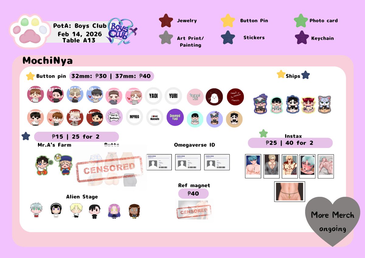 mochinyaarts's tweet photo. Here's my catalogue for PotA: Boy's Club! I'm at table A13, come visit my booth. I have more BL related merches that aren't in the catalogue and most of them are handmade!
The stickers and other merch are made by Me, @ohshtwtf, and @ItsZena520
#Boyslove #PotABoysClub #PotA https://t.co/Y9lgGsSqe7