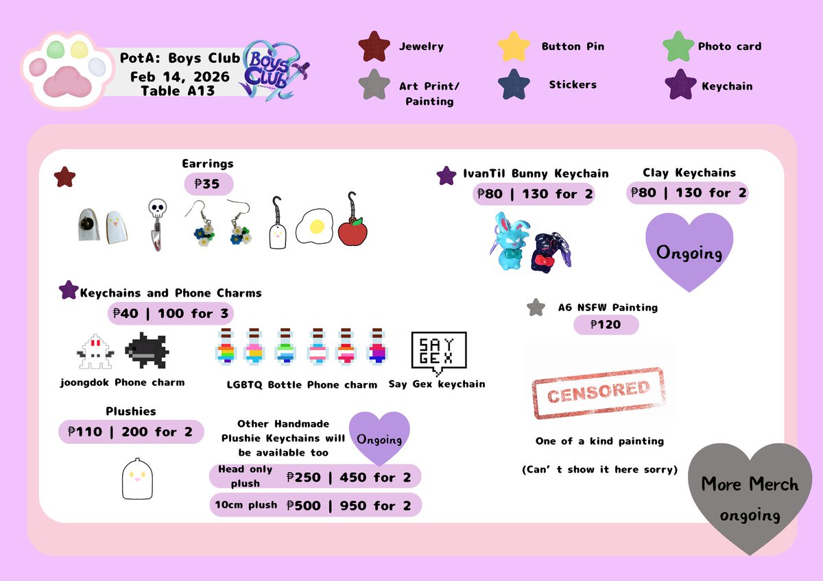 mochinyaarts's tweet photo. Here's my catalogue for PotA: Boy's Club! I'm at table A13, come visit my booth. I have more BL related merches that aren't in the catalogue and most of them are handmade!
The stickers and other merch are made by Me, @ohshtwtf, and @ItsZena520
#Boyslove #PotABoysClub #PotA https://t.co/Y9lgGsSqe7