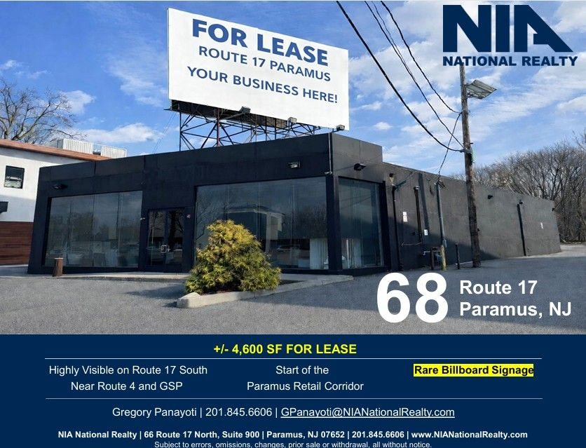 GPanayoti's tweet photo. Now available: ±4,700 SF standalone retail at 
68 Route 17 South | Paramus, NJ

This isn’t just retail space — it’s a branding opportunity.

• Prime Route 17 frontage
• Positioned at the start of the Paramus retail corridor
• Rare rooftop billboard signage
• Major daily traffic exposure

In Paramus, visibility is everything. Opportunities to control both the building AND a rooftop billboard are almost nonexistent.

If you have a client looking to plant their flag on Route 17, this is worth a conversation.

Gregory Panayoti
NIA National Realty
201.845.6606
GPanayoti@NIANationalRealty.com