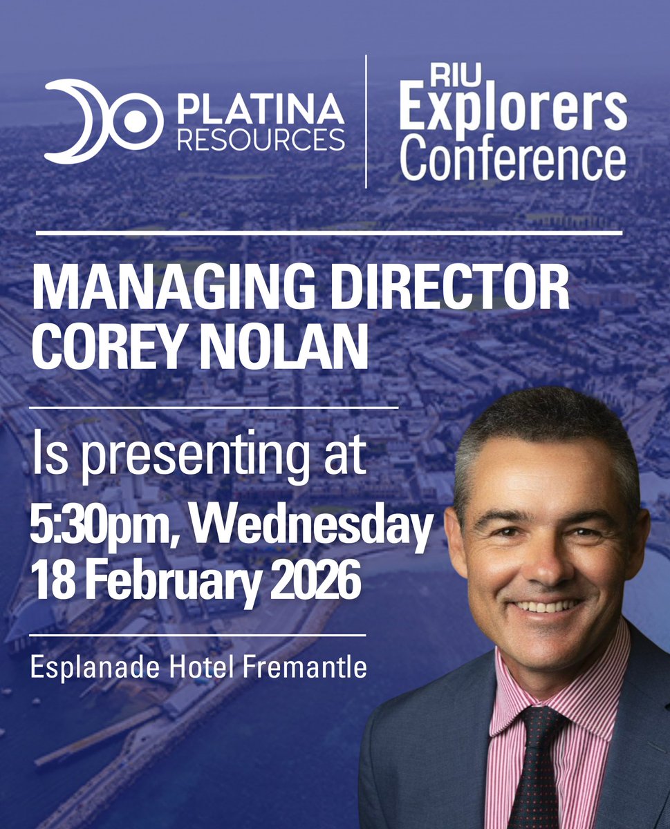 PlatinaResource's tweet photo. Managing Director Corey Nolan will be attending and presenting at the 2026 RIU Explorers Conference next week.

Corey will be outlining what’s ahead for Platina in 2026.

Come and say hello if you’re in Fremantle.

#gold #exploration #Laverton #WesternAustralia #RIU https://t.co/LfcM1NMvnm
