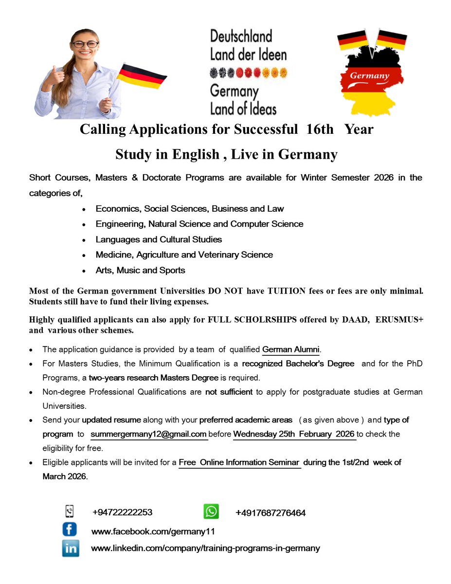 dilhanake's tweet photo. Study in English , Live in Germany: You are invited to apply for Short Couses, Masters &amp; PhDs in Germany for the Winter 2026 Intake!
Send your updated resume  to  summergermany12@gmail.com before Wednesday 25th  February  2026 to check the eligibility.
#studyingermany #daad https://t.co/XsxLETImjy