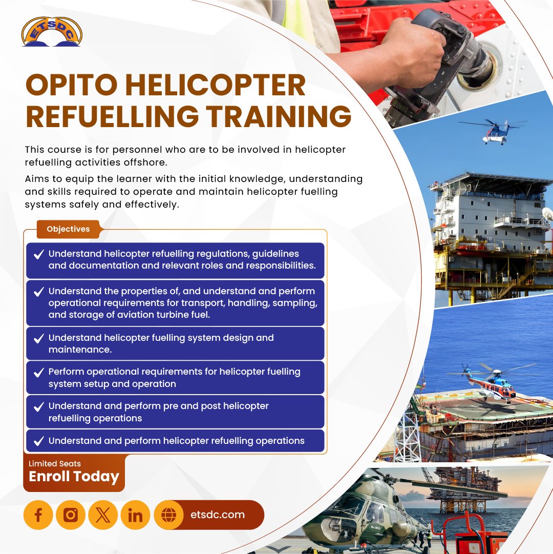 ETSDCUAE's tweet photo. Refuel with Confidence. Operate with Safety.

The HRT – Helicopter Refueling Training course prepares helideck crews and aviation support teams to handle helicopter refueling operations safely and efficiently, minimizing risks in offshore and remote environments. https://t.co/yy5NkSw85k