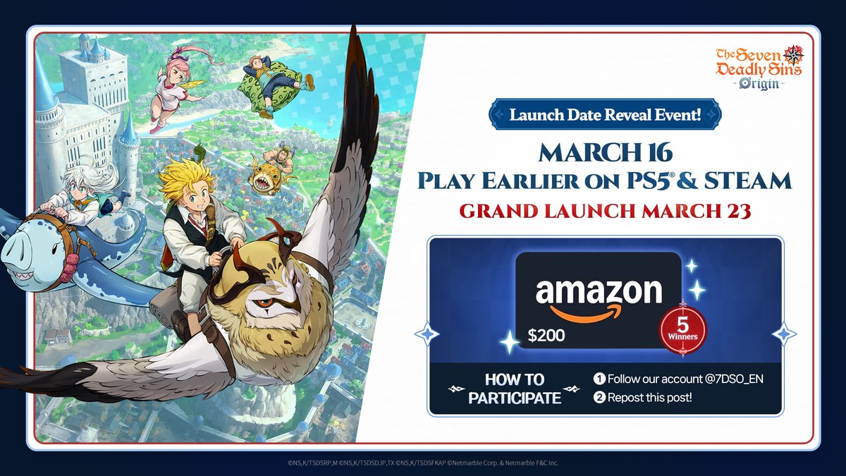 7DSO_EN's tweet image. &amp;lt;The Seven Deadly Sins: Origin&amp;gt; Launch Date Reveal Event 

The wait is over, a brand-new adventure begins!
Join the event now and celebrate the launch together with us!

&amp;gt; Launch Date Reveal Event Details
- Event Period: Until February 17 (Tue) 14:59 UTC
- Rewards: $200 Amazon…