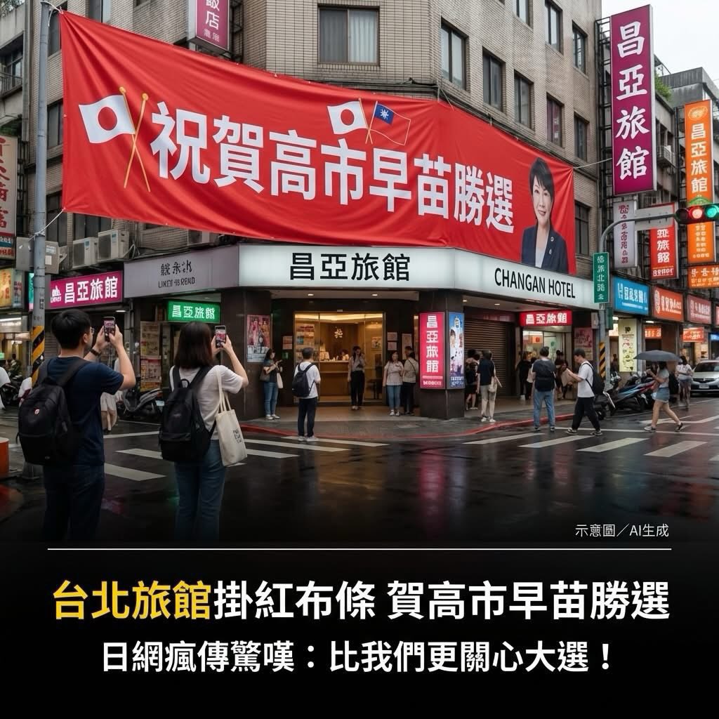 QuanLujun's tweet image. 高市胜选，台北旅馆挂大幅横幅祝贺！
