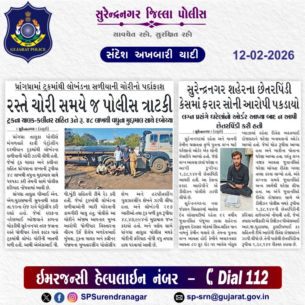 SPSurendranagar's tweet photo. સુરેન્દ્રનગર જિલ્લા પોલીસ દ્વારા કરેલ કામગીરી ની અખબારી યાદી

@GujaratPolice 
@dgpgujarat 
@IGP_RajkotRange
@DeluPremsukhIPS https://t.co/4mgVDjquSD