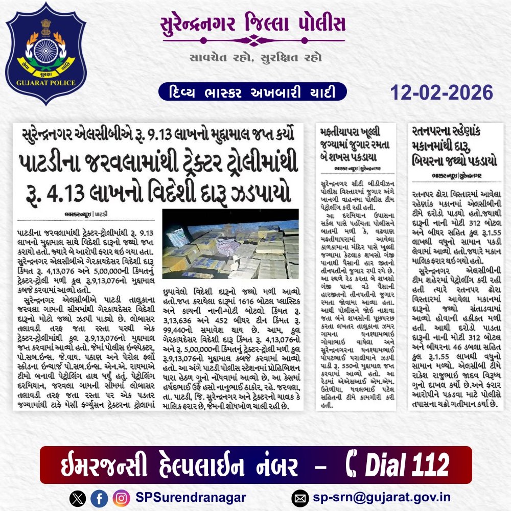 SPSurendranagar's tweet photo. સુરેન્દ્રનગર જિલ્લા પોલીસ દ્વારા કરેલ કામગીરી ની અખબારી યાદી

@GujaratPolice 
@dgpgujarat 
@IGP_RajkotRange
@DeluPremsukhIPS https://t.co/4mgVDjquSD