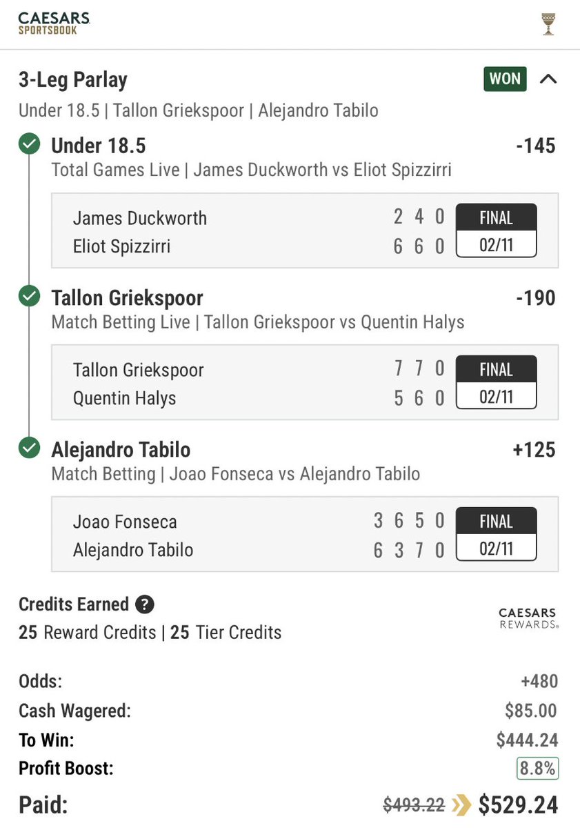 Sports Betting Lounge is HEATING up 🔥🔥🔥

We just hit a 3 leg Tennis parlay to go up $822 on the week 💸 🎾

We place the bets. You get paid. 💵💵💵

Lets pour it on this week!

#SportsBettingX #PredictionMarkets <a href="/CaesarsSports/">Caesars Sportsbook</a>