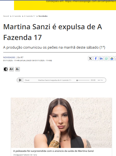A Martina foi expulsa por jogar um copo, o copo nem acertou e nem machucou, mas como ela colocou a integridade dos outros participantes em risco, acabou sendo expulsa! 

É por essas e outras que A Fazenda já é a referência como melhor reality para se assistir! 

#BBB26 #AFazenda