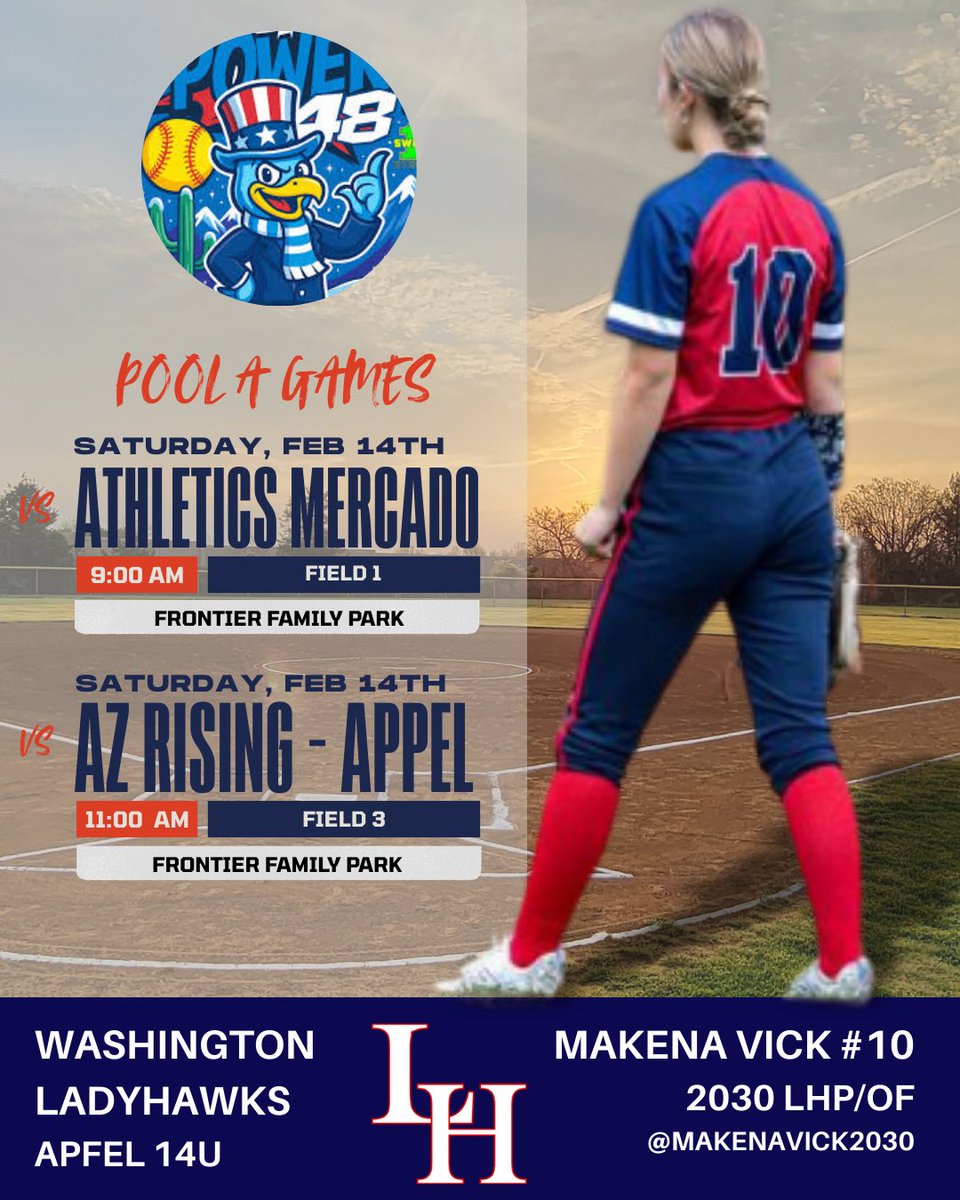 MakenaVick2030's tweet photo. 🚨SCHEDULE POSTED!🚨

Arizona Power 48 Tourney this weekend!  Pool Play Games: Saturday at Frontier Family Park! Bracket games to follow! 

Yeah Hawks! 🥎

@LadyhawksOR @pgfnetwork #yeahhawks #playpgf #classof2030 @1swingevents @ladyhawksgold https://t.co/dYy5f7xZnP