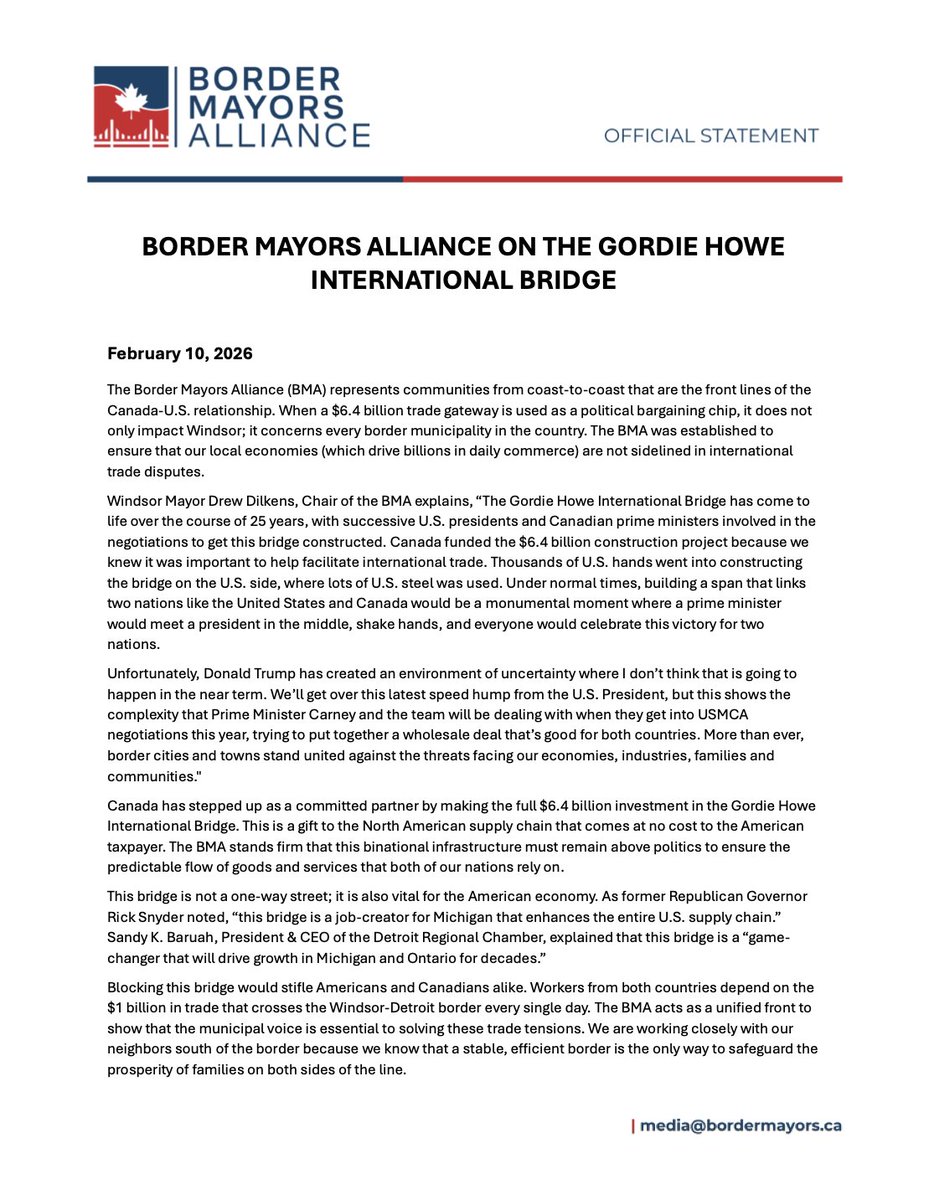 BorderMayors's tweet photo. A $6.4 billion trade gateway shouldn't be a political bargaining chip.

Infrastructure like the Gordie Howe International Bridge is a great asset to the North American supply chain that must remain above politics.

Find our full statement on slide three and linked in our bio. https://t.co/utQhrhZyeX