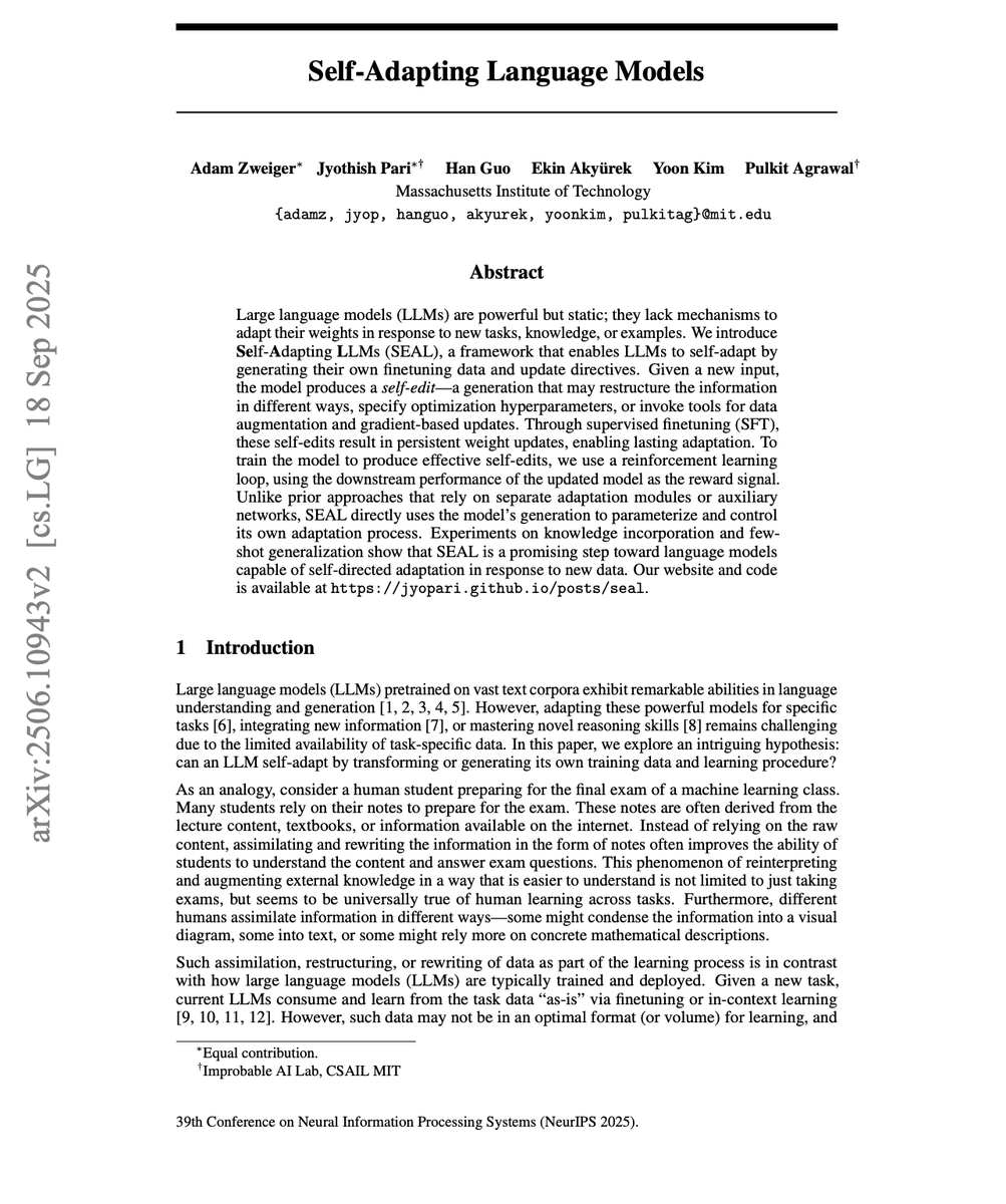 MITの研究チームが、人間の介入なしに自ら学習データを生成し、自己進化するLLM「SEAL」を発表しました。

従来のAIはデプロイ後に知識が「固定」されるのが常識でしたが、SEALはこの前提を覆し、新しい情報に応じて自身の重みを更新し続ける仕組みを持っています。