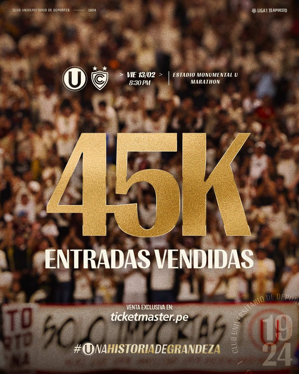 𝗣𝗢𝗥 𝗨𝗡𝗔 𝗡𝗢𝗖𝗛𝗘 𝗠𝗢𝗡Ⓤ𝗠𝗘𝗡𝗧𝗔𝗟 🏟️🙌

Ya son más de 45 mil los cremas confirmados, entre tribunas y palcos, para nuestro partido ante Cienciano por la fecha 3 del Apertura 2026.

🎟️ Hagamos un lleno Monumental ▶️ bit.ly/4ag0pay 

#UnaHistoriaDeGrandeza