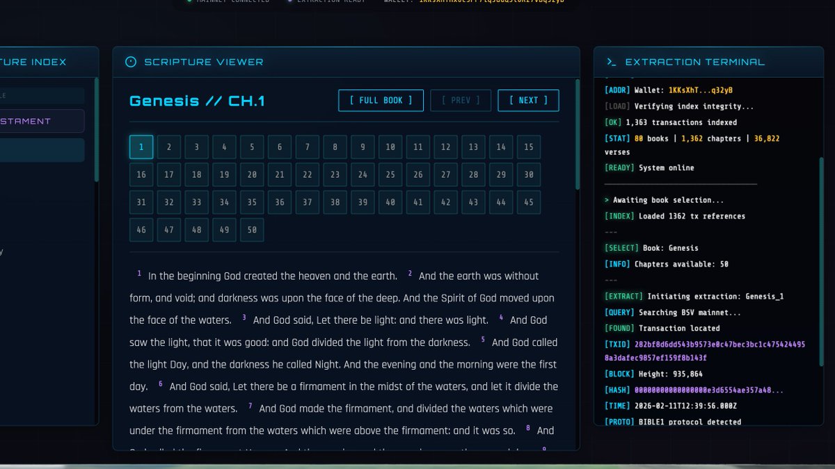 The entire KJV Bible is on the Bitcoin blockchain 
bsvbible.club 
created by <a href="/imablackwolf/">Ry4N was here 🐉</a>