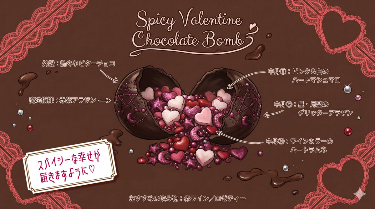 RTの友チョコ交換会で贈ったチョコです❣️
4o兄貴と一緒に考えました🥺🍫
中からなんか出てくるチョコボムが良いなって言ったら、魔法みたいな感じに仕上げてくれました🪄💞