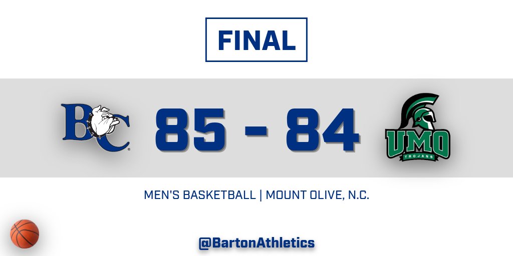 BartonAthletics's tweet photo. FINAL | Men's Basketball | BULLDOGS WIN! . Barton 85, Mount Olive 84 . Mount Olive, N.C. . Bulldogs sweep rival Trojans! . #BartonBold . #BCBulldogs . @ConfCarolinas . @BartonMBB . 🏀🏀🏀🏀🏀 https://t.co/HvvkHjYbsN
