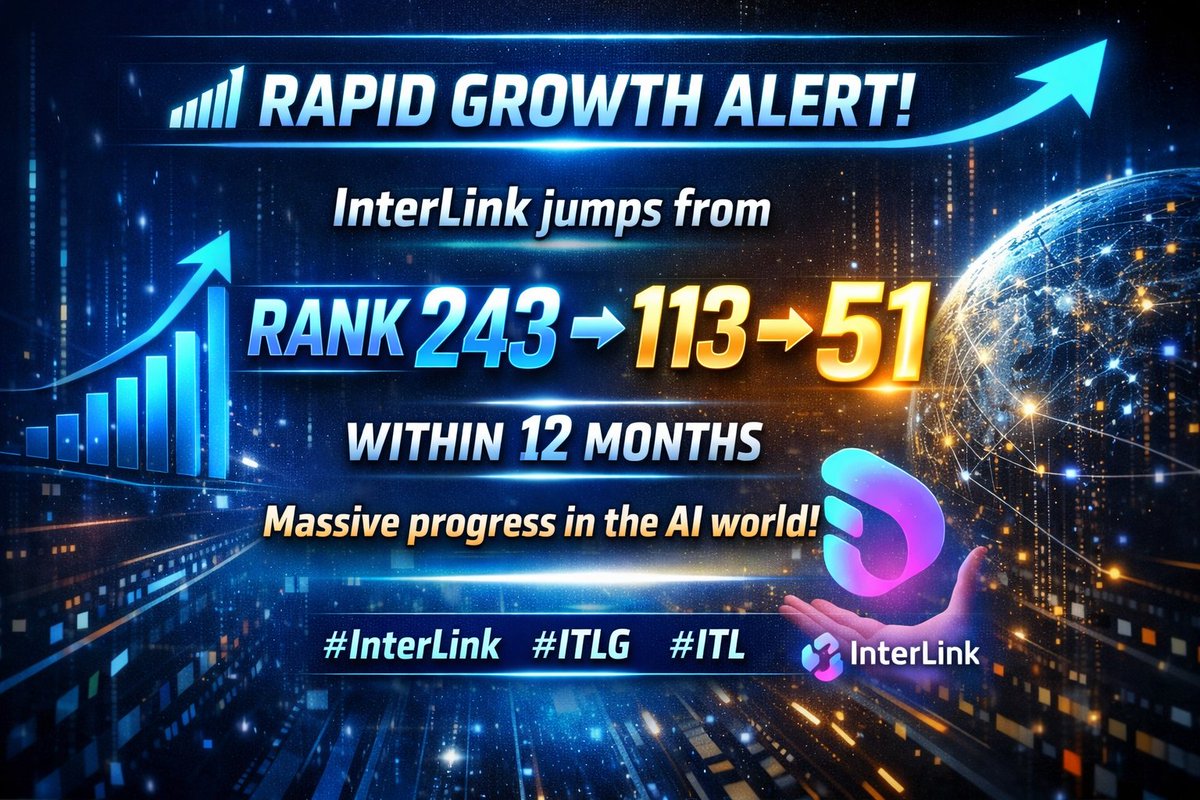 yadav141998's tweet photo. 📈 Rapid growth alert! InterLink jumps from rank 243 → 113 → 51 within 12 months. Massive progress in the AI world! 💥
#InterLink #ITL #ITLG #ITLX 
@C_Interlinklabs @kv_interlink @reina_itl @inter_link @itlx_defi https://t.co/J76DK9i6mp