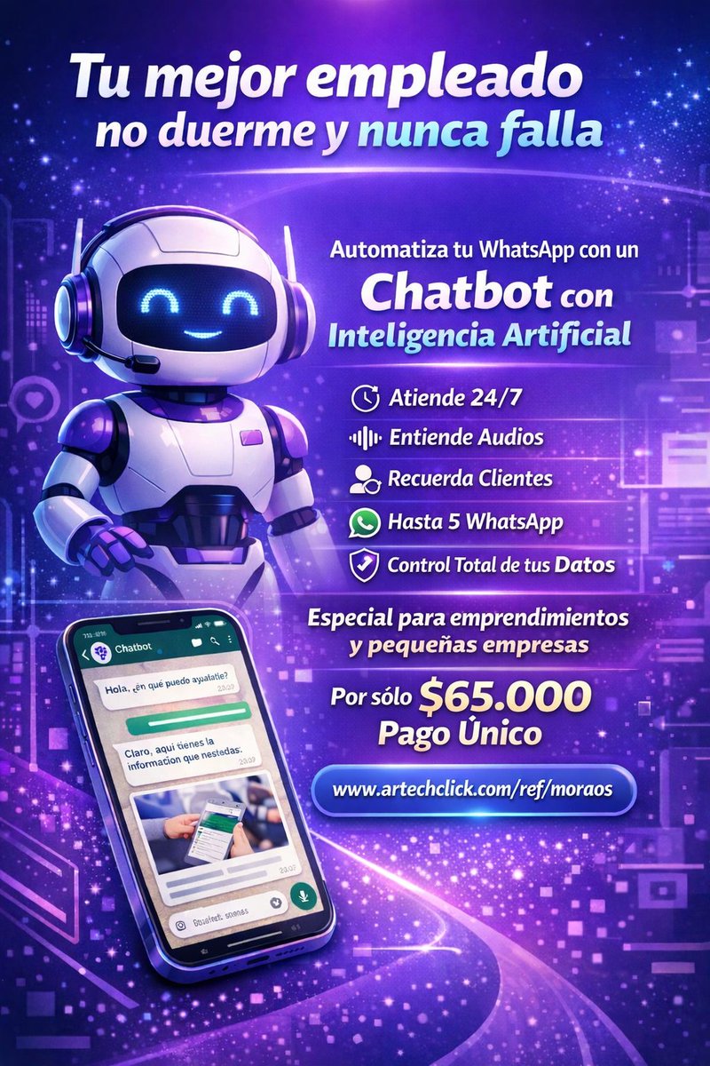 morajuanes's tweet photo. 🤖💜 Tu mejor empleado no duerme y nunca falla
Automatiza tu WhatsApp con un chatbot con IA creado para emprendimientos y pequeños negocios.
✔️ Atiende 24/7
✔️ Entiende audios
✔️ Recuerda clientes
✔️ Maneja hasta 5 WhatsApp

🚀 Empieza hoy aquí
👉 https://t.co/YHxWQv6B9G https://t.co/g2rDG91kWE