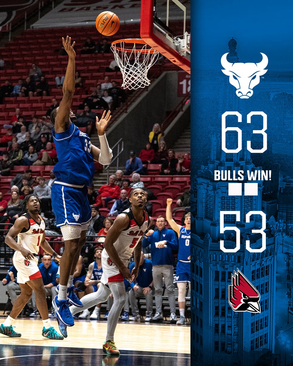 𝘽𝙐𝙇𝙇𝙎 𝙒𝙄𝙉!

The Bulls take down the Cardinals on the road, 63-53! Oboh led the way with 20 points as Brizzi added 17!

We're back home on Tuesday against the NIU Huskies at 6:30 pm!

#UBhornsUP🤘 #ALLinGRIT