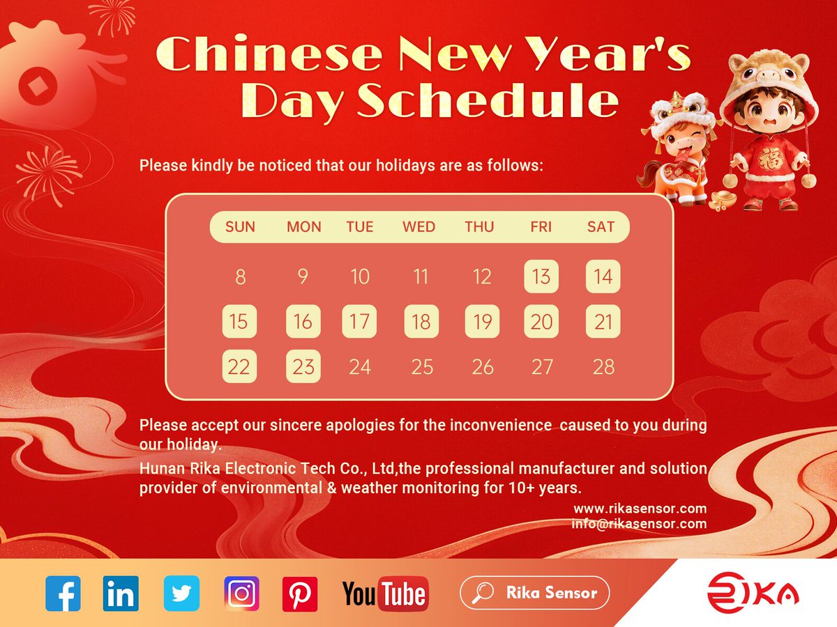 RikaSensor's tweet photo. 📣 Chinese New Year Holiday Notice from RIKA SENSOR 
Dear Valued Customers,
Please be informed that RIKA SENSOR will be on holiday from February 13th to February 23rd, 2026 in celebration of the ChineseNewYear holiday. Normal business operations will resume on February 24th, 2026 https://t.co/eMmWYqpc9v