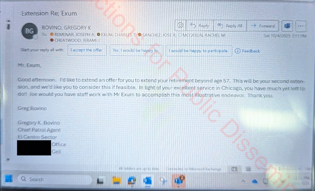 This was the e-mail sent by Gregory Bovino to the shooting agent, Charles Exum, after the shooting, offering to extend his retirement beyond age 57 because of his "excellent service" and "you have much yet left to do!!"