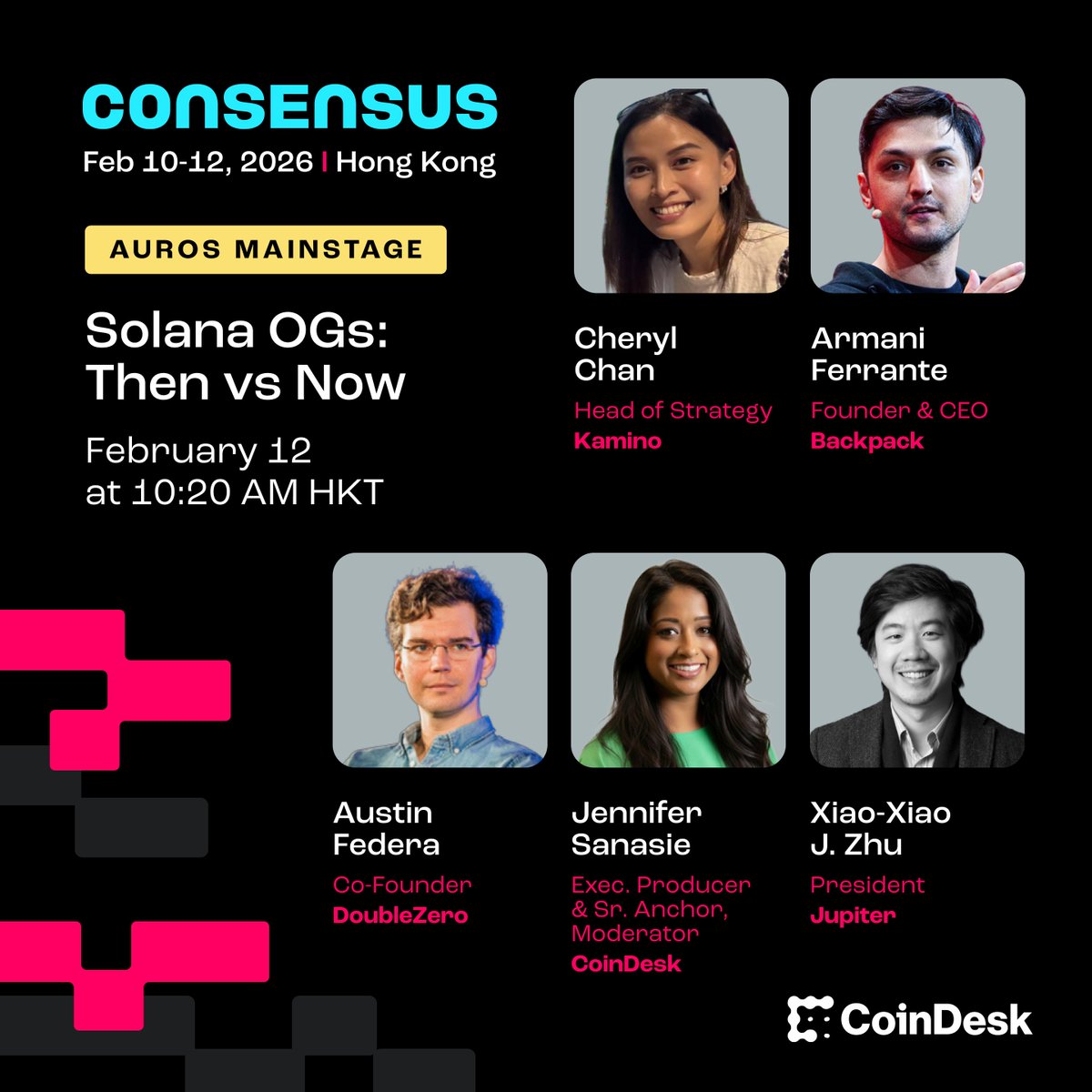 consensus_hk's tweet photo. Meet with early builders on @solana to explore how it's grown from an accessible option to the world's fastest-growing blockchain:

@cheryldchan, @kamino
@armaniferrante, @Backpack
@Austin_Federa, @doublezero
@xxjzhu, @JupiterExchange

📍 @Auros_global Mainstage
🕙 10:20 AM HKT https://t.co/8n7KmMJULP