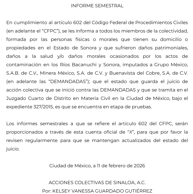 ACSinaloa's tweet photo. Les compartimos el informe semestral, relativo al juicio de acción colectiva en sentido estricto presentado en contra Grupo México, Minera México y Buenavista del Cobre, por los daños causados a las personas que tienen su domicilio en el Estado de Sonora. https://t.co/md2exWmP8l