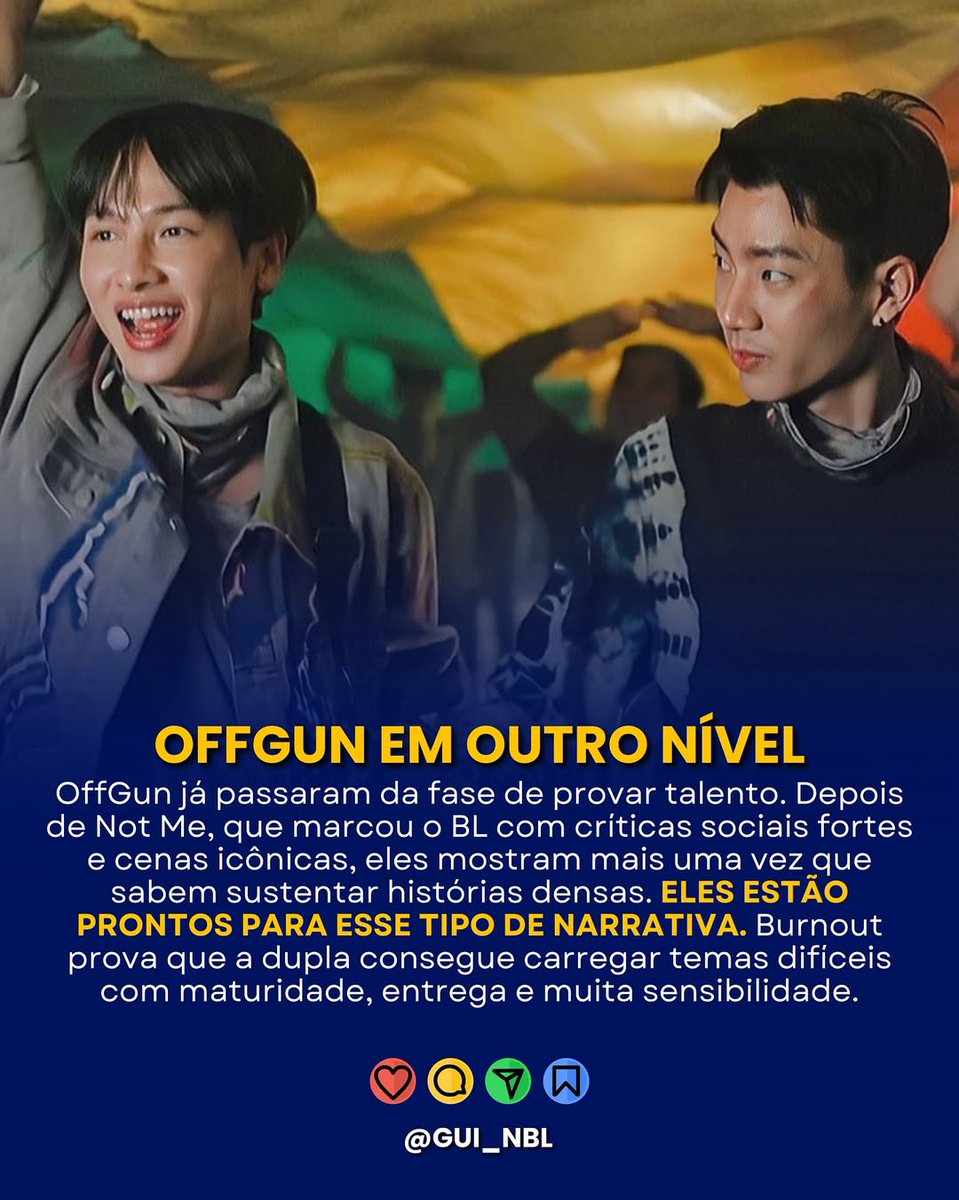 #BurnoutSyndromeSeries ซีรีส์ที่เข้มข้นและสื่อสารกับยุคสมัยของเราที่การเป็นผู้ใหญ่ในวันนี้ไม่ใช่เรื่องง่าย 
#ออฟกัน ได้ก้าวข้ามจุดที่ต้องพิสูจน์ฝีมือไปแล้วหลังจาก Not Me ว่าพวกเขาพร้อมแบกรับบทบาทที่ซับซ้อนและจริงจังได้
​
IG: gui_nbl

<a href="/AtthaphanP/">ATTHAPHAN PHUNSAWAT</a> 
#กันอรรถพันธ์ #GunAtthaphan