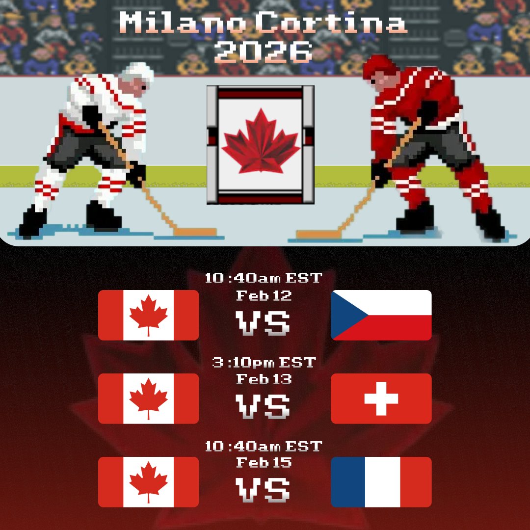 PixelSportsNet's tweet photo. Canada Men's hockey team kicks it off tomorrow! Crosby, MacKinnon, and McJesus together again going for gold. What are you most excited to see from this stacked lineup? 🔥🎮

#canada #crosby #hockey #nhl94 #Olympics2026 @HockeyCanada #mcdavid #nhl @mike_p_johnson @GMilIlerTSN https://t.co/W3nZaYwc1N