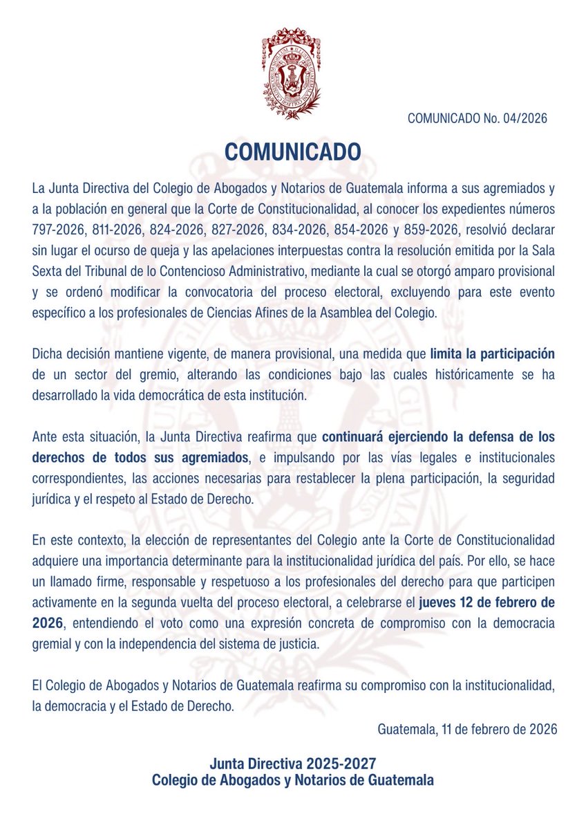 🔎 La democracia gremial del CANG en pausa provisional

📝 El <a href="/CangGuatemala/">Colegio de Abogados y Notarios de Guatemala</a> se pronuncia tras la decisión de la <a href="/CC_Guatemala/">CC Guatemala</a>, que declaró sin lugar las quejas y apelaciones contra el amparo que modificó la convocatoria electoral, excluyendo a profesionales de Ciencias Afines.