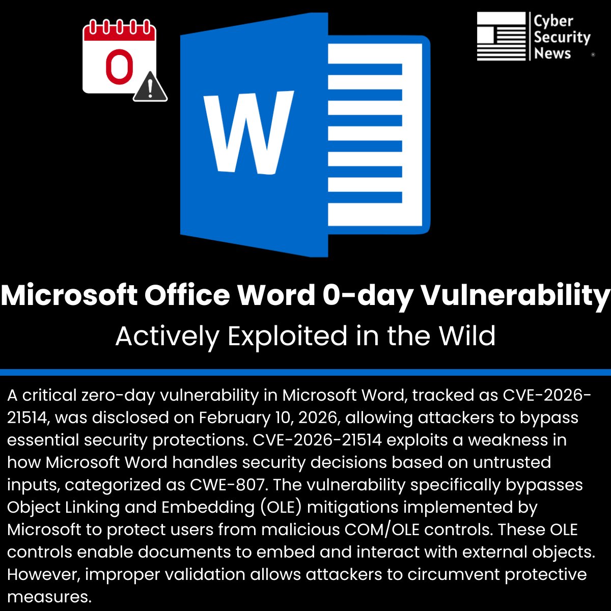 🚨 Microsoft Office Word 0-day Vulnerability Actively Exploited in the Wild 

Source: cybersecuritynews.com/microsoft-offi…

A critical zero-day vulnerability in Microsoft Word, tracked as CVE-2026-21514, was disclosed on February 10, 2026, allowing attackers to bypass essential security