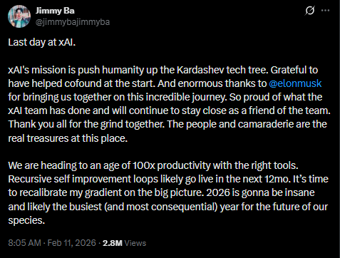 🚨 Another xAI co-founder has left. This time with a parting message that hits different:

“Recursive self-improvement loops likely go live in the next 12 months.”