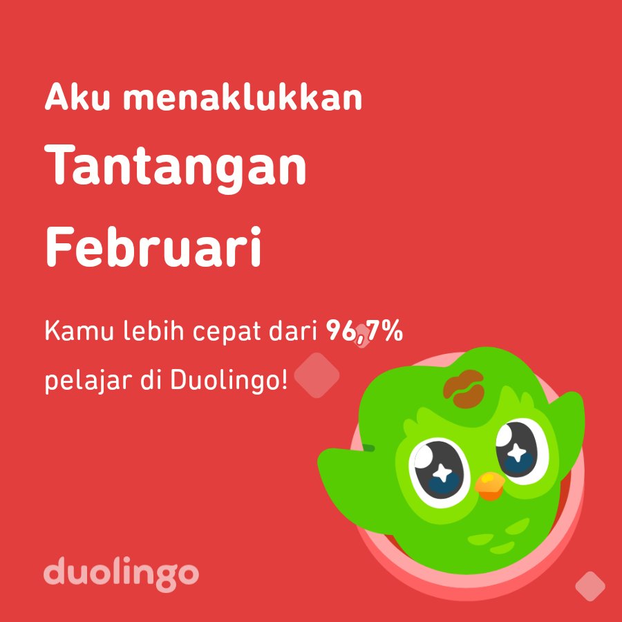 Helmiindra75's tweet photo. Aku menaklukkan Tantangan Februari lebih cepat dari 96,7% pelajar di Duolingo! https://t.co/Po8U7b7Y4H