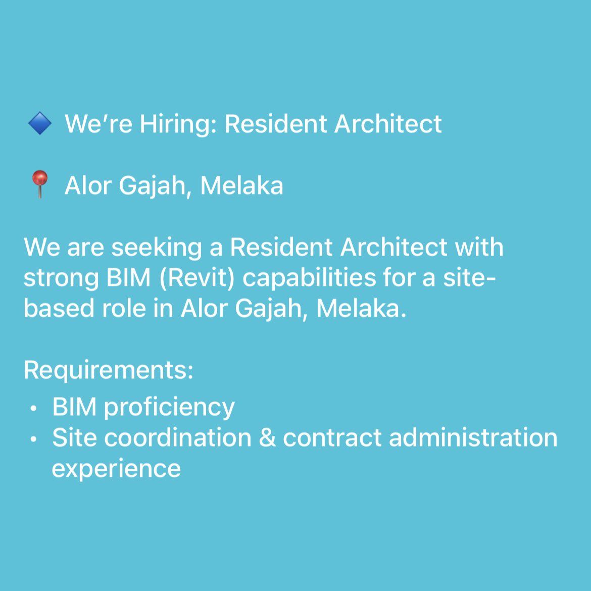 Hi assalamualaikum architects!

Our company sedang mencari Resident Architect (RA) untuk projek di Melaka. Kami memerlukan seseorang yang mahir BIM sebab projek ini fully BIM.

Kindly email your resume at archns@gmail.com