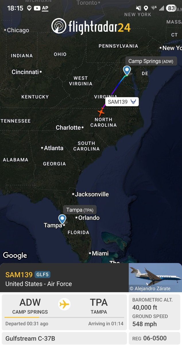 Borrowed7Time's tweet photo. USAF C-37B 06-0500 #AE206D as SAM139 en route from JB Andrews to Tampa.
@sipjack1776 @LadyAstroJet @USGovJets https://t.co/PUDte77heq