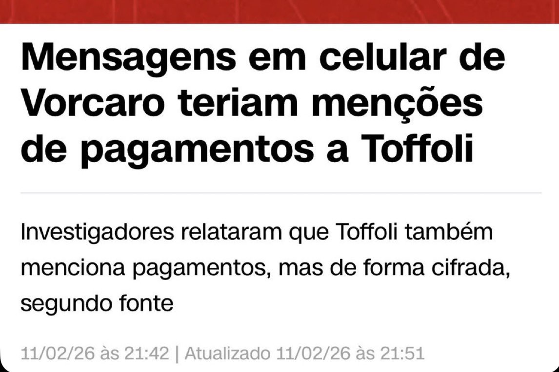 Se Dias Toffoli recebeu dinheiro do Vorcaro, o nome disso é corrupção. Não deve ser apenas impeachado, mas preso! Resta agora saber se o presidente do STF, Edson Fachin, também petista e indicado ao STF por Dilma, terá a honestidade e a isenção de determinar investigação contra
