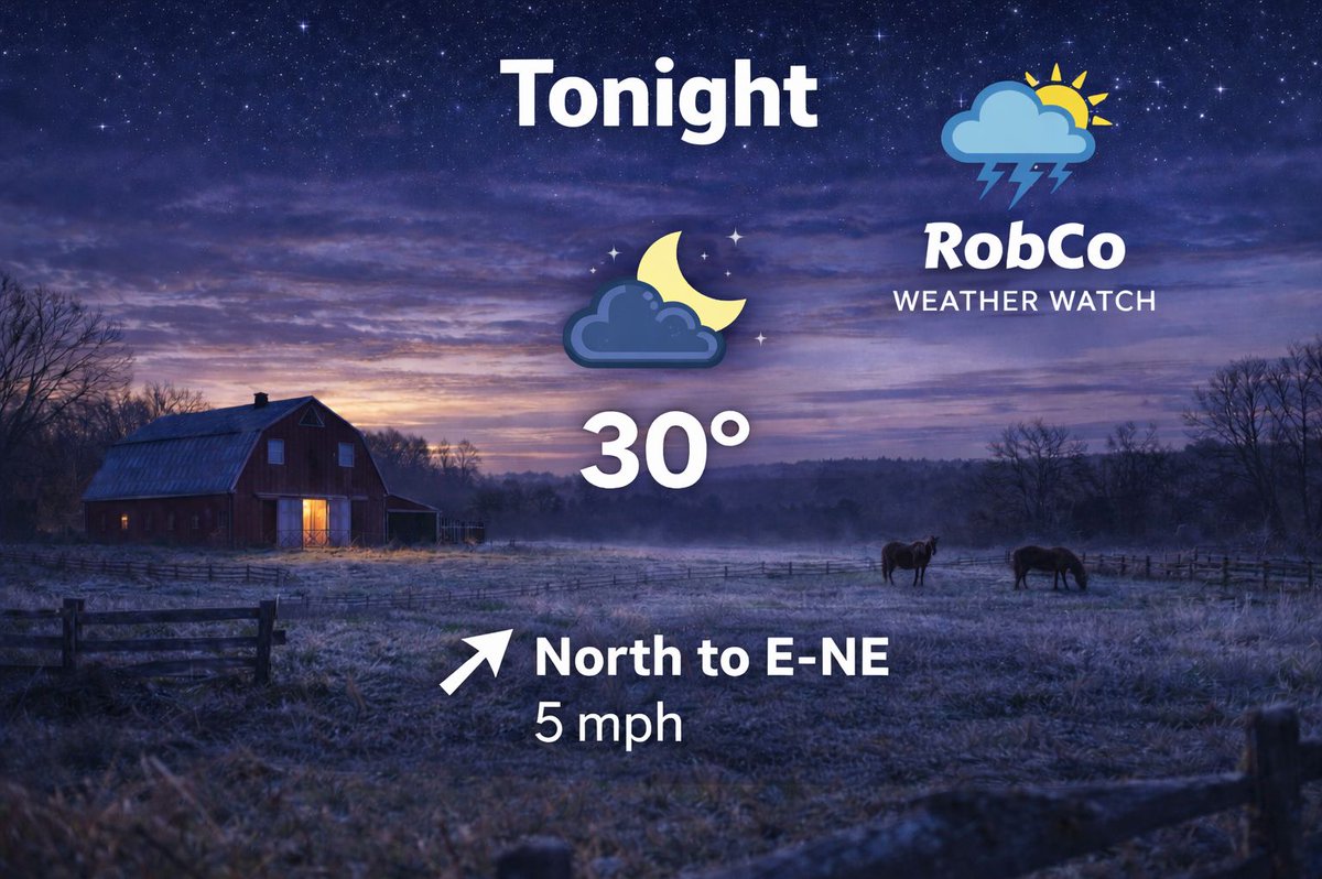 robcoweather's tweet photo. Good evening, y’all. Gonna be a chilly one tonight, so bundle up if you’re heading out or letting the dog out. 🌙
Low: 30°
Wind: North to E-NE around 5 mph
Calm, mostly clear skies across the RobCo area. ❄️
#RobCoWeatherWatch #TNwx #KYwx #TonightForecast https://t.co/Tg2loBw5oD