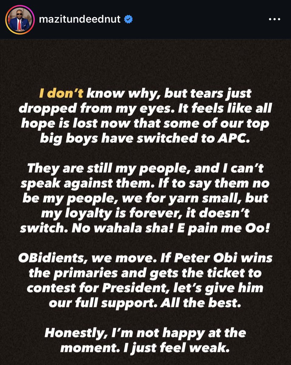 “OBidients, we move. If Peter Obi wins the primaries and gets the ticket to contest for President, let's give him our full support. All the best.”

MY RESPECT TO TUNDE EDNUT FOR SUPPORTING THE WILL OF THE PEOPLE