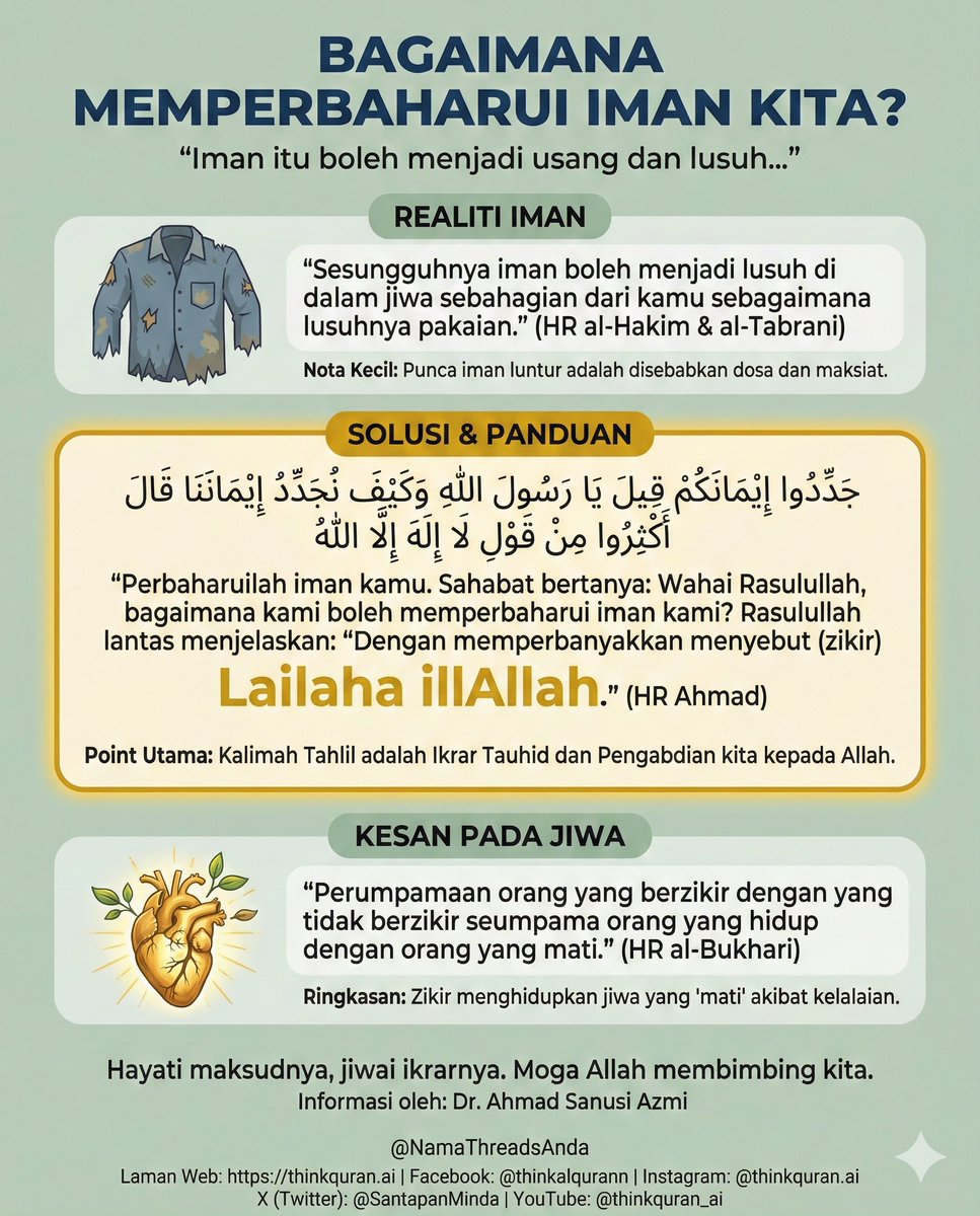 Pernah tak kita rasa 'kosong' walaupun rutin harian nampak sempurna? Rupanya, iman pun boleh jadi macam baju lama semakin hari semakin pudar dan lusuh warnanya akibat debu dosa dan maksiat yang kita buat tanpa sedar.

Rasulullah SAW dah pesan, iman dalam jiwa kita ni ada 'expiry