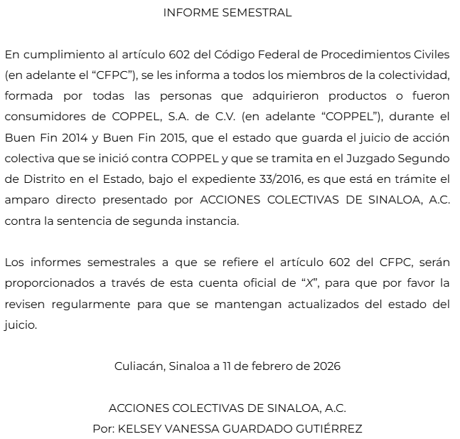 ACSinaloa's tweet photo. Les compartimos el informe semestral, relativo al juicio de acción colectiva presentado en contra de COPPEL. https://t.co/dAvxn3P0nq