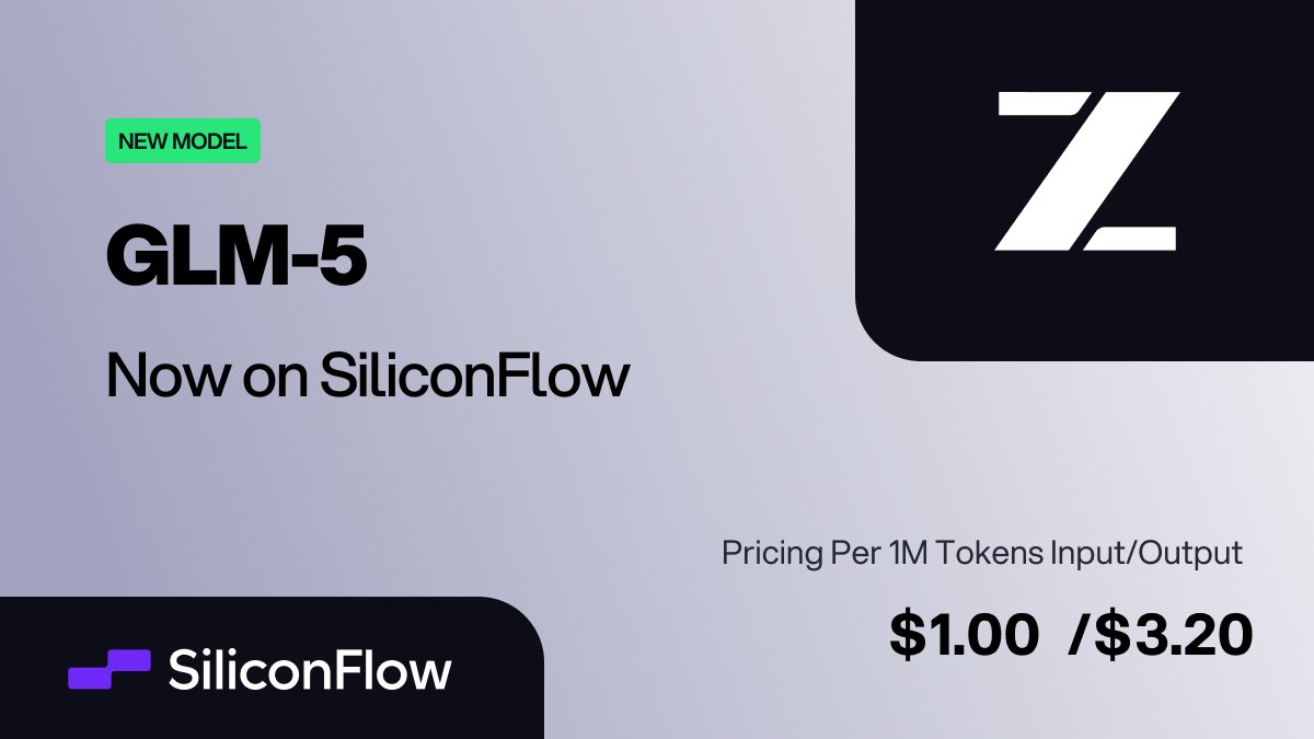 🚀 GLM-5 is now live on SiliconFlow!
From vibe coding to agentic engineering, <a href="/Zai_org/">Z.ai</a> 's GLM-5 is designed for complex systems and long-horizon tasks—narrowing the gap to frontier models like Claude Opus 4.5/GPT-5.2/Gemini 3 Pro.

On SiliconFlow, GLM-5 is ready to power your