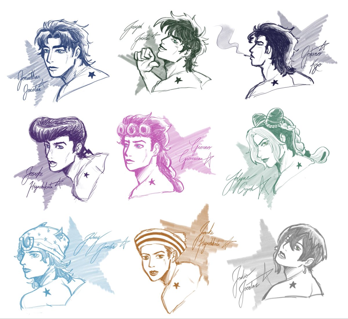 yaogwu_'s tweet photo. all jojos from part 1-9 ⭐️
#JoJosBizarreAdventure https://t.co/Z2RbaJOc3u