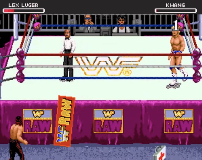 Raw for Sega 32X  

- Stephanie Wiand and Gorilla Monsoon are the commentary team 
- Mean Gene Finkel (?) is a ref 
- a sign 
- KWANG