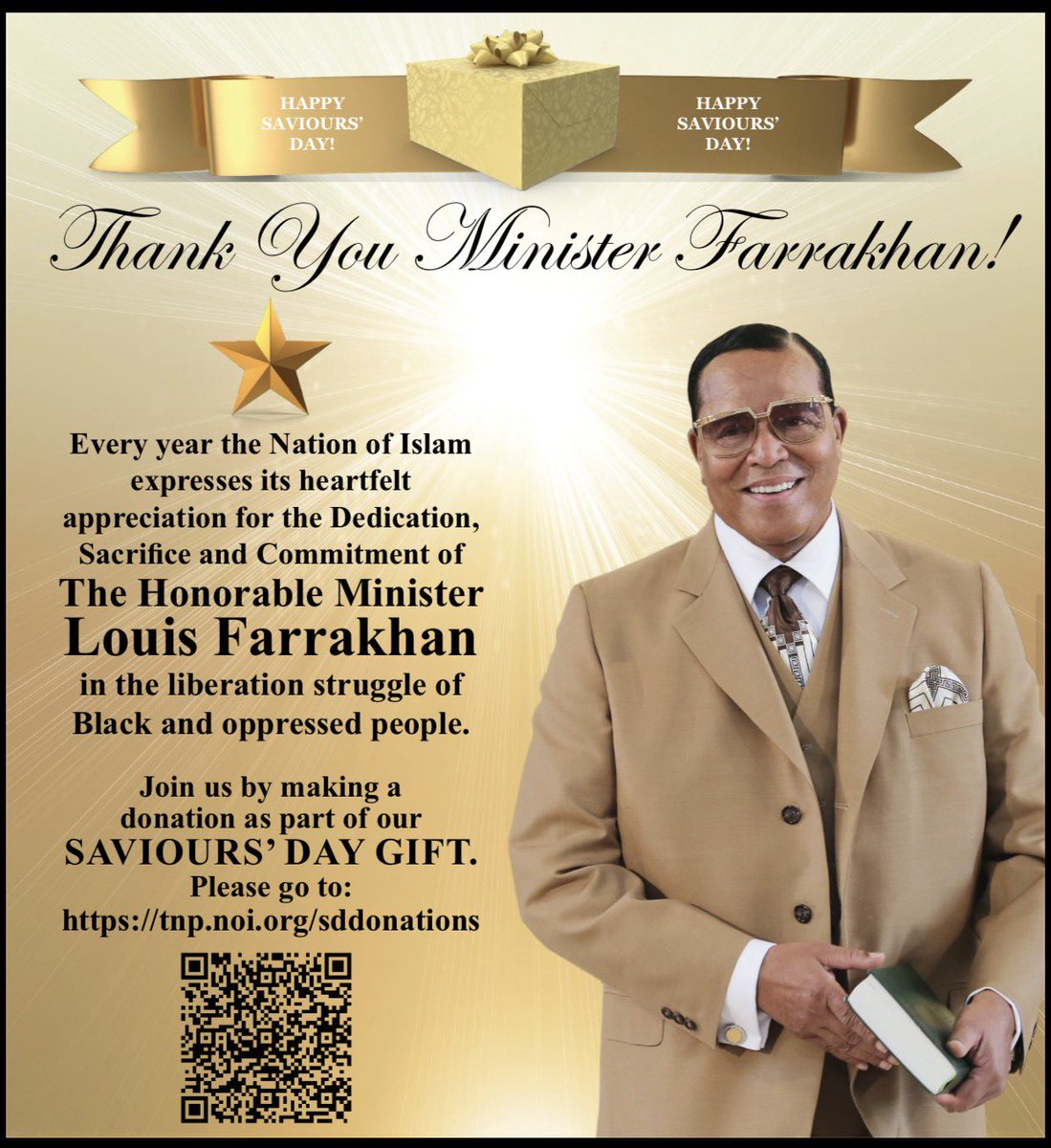 OfficialNOI's tweet photo. Every year members of the Nation of Islam and our friends and supporters give an expression of love to the Honorable Minister @LouisFarrakhan as a show of gratitude and personal appreciation for his many years of dedicated service to the uplift of our community. This upcoming year marks his 71st year of service. Please join us in making this contribution to the Honorable Minister Louis Farrakhan that will help him continue his great work.

DONATE ONLINE https://t.co/Rpsidoervw

#SDwebathon2026 #Farrakhan